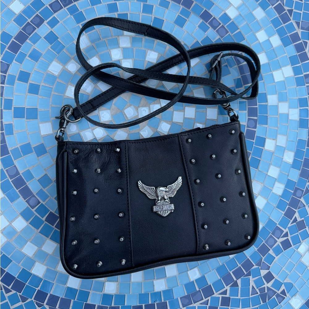 Harley Davidson studded black leather crossbody eagle
